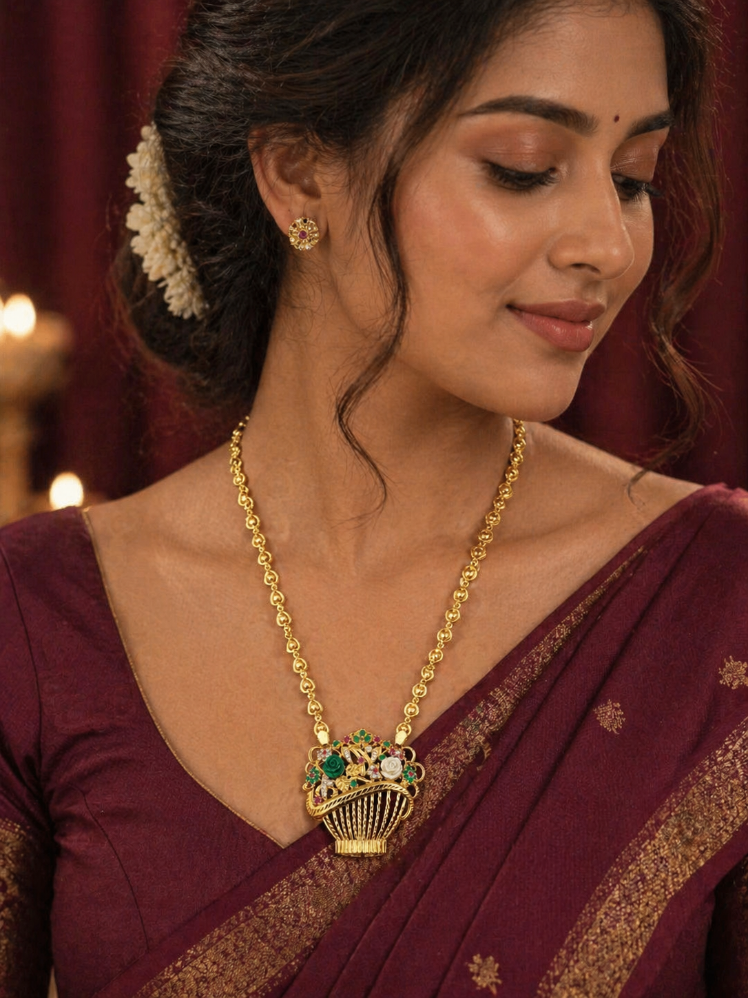 Floral Basket Design Gold Finish Pendant Necklace