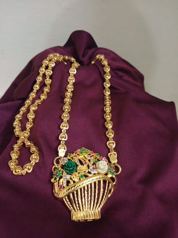 Floral Basket Design Gold Finish Pendant Necklace