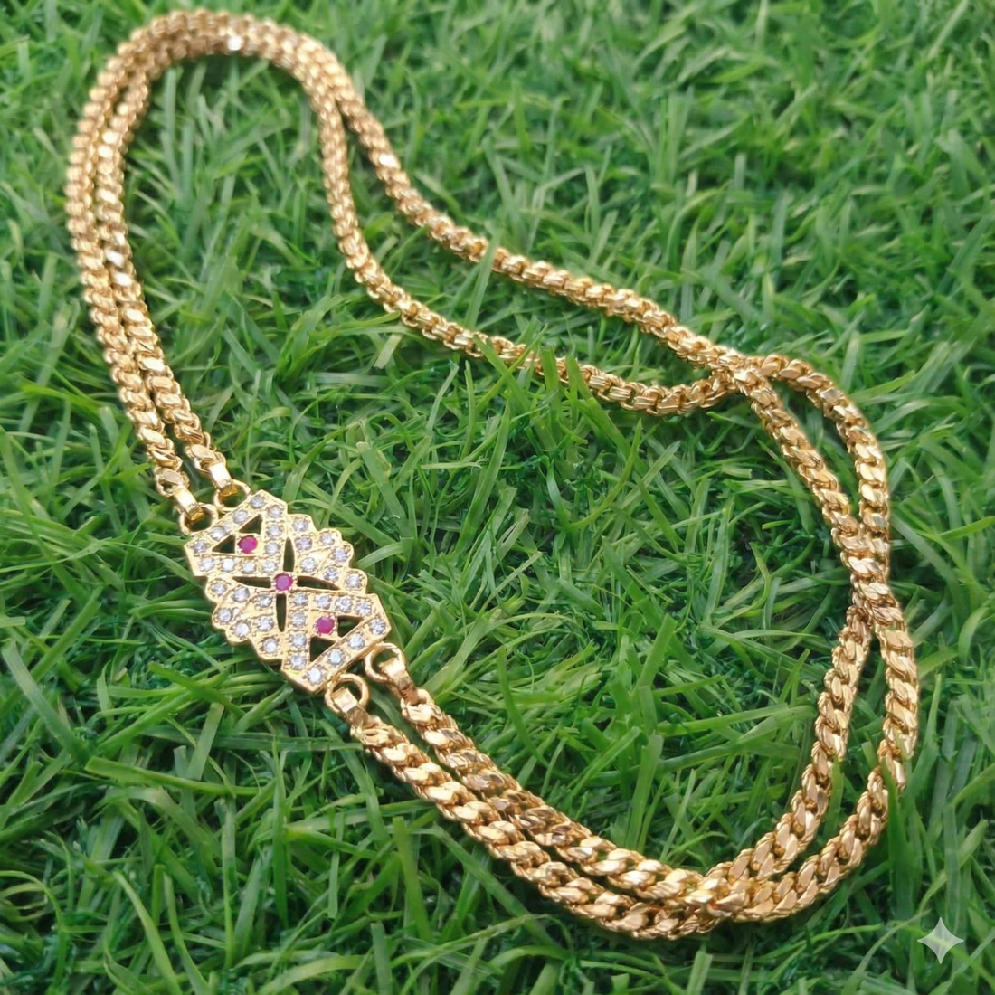 Gold chain necklace with a decorative clasp on grass